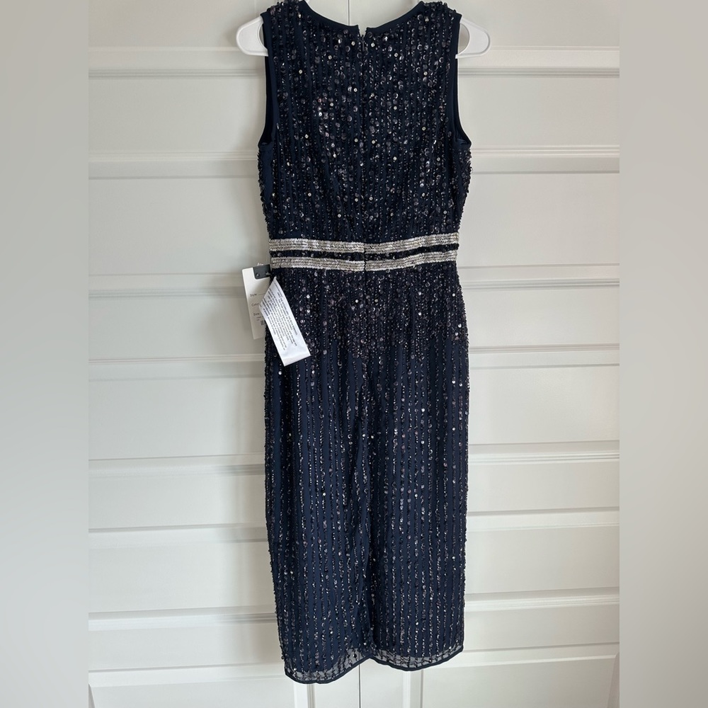 Mac‎ Duggal Beaded Sleeveless High Neck Midi Sheath Dress in Navy NWT - Picture 8 of 9